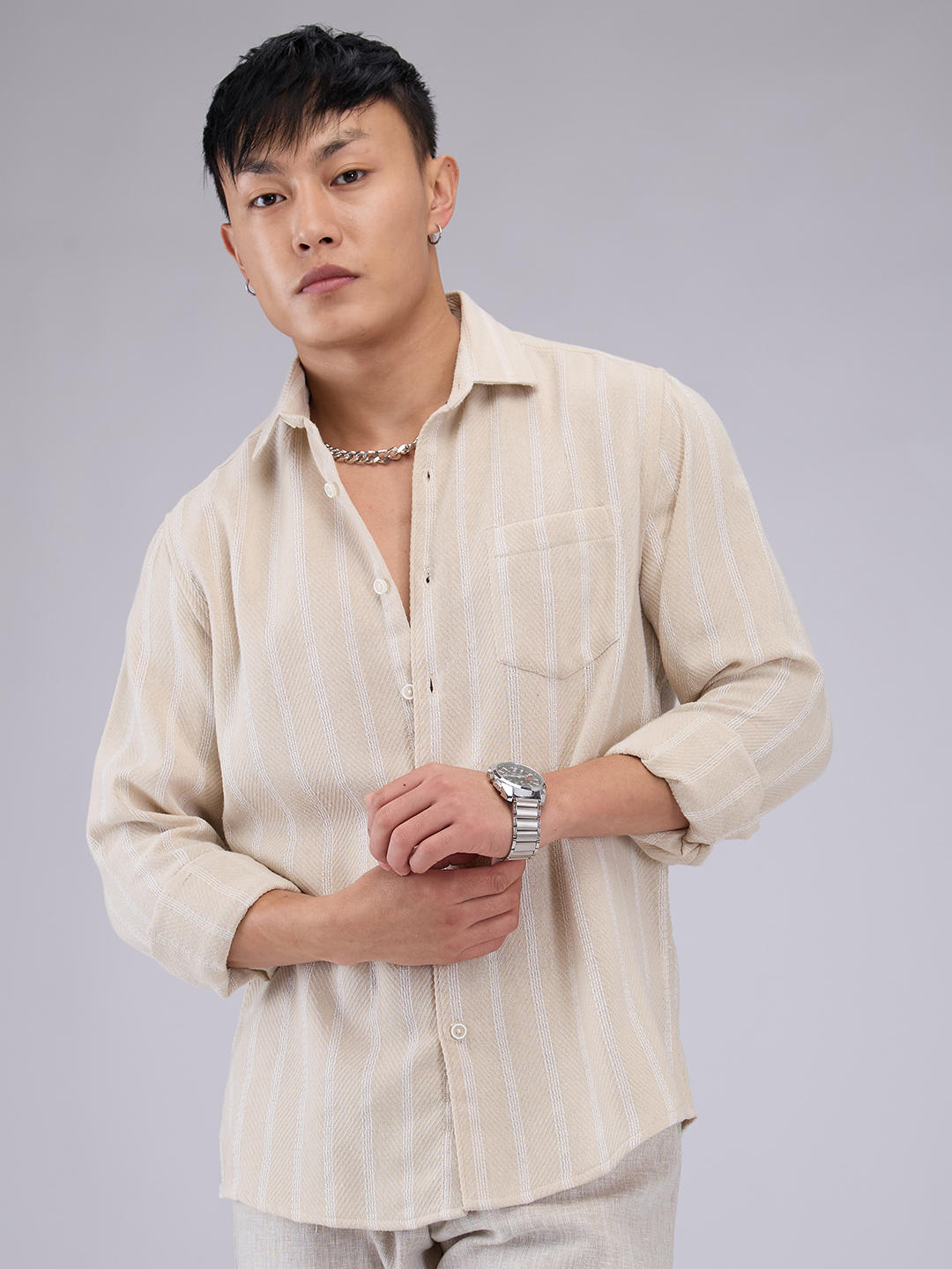 Beige & White Dobby Striped Shirt