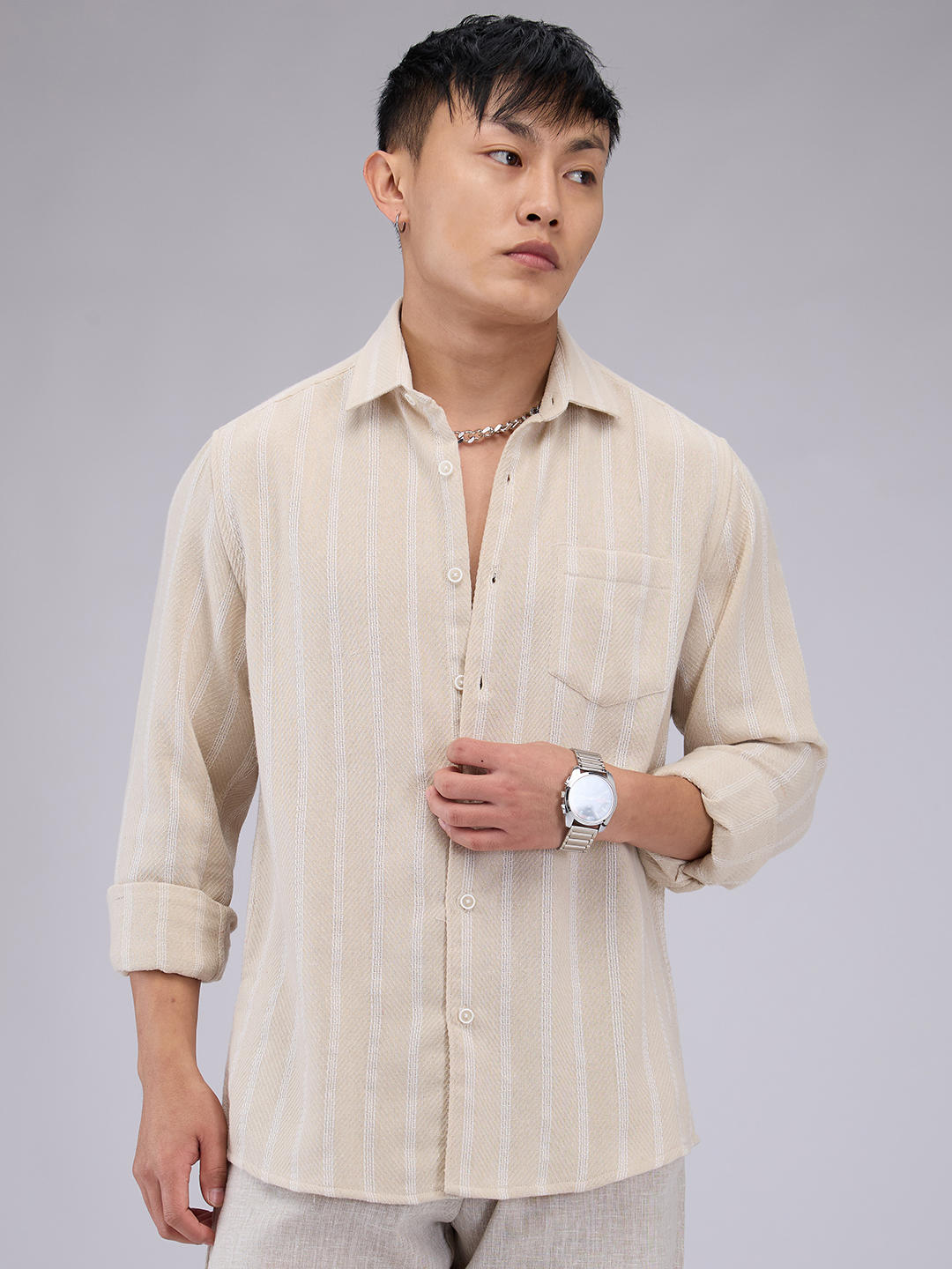 Beige & White Dobby Striped Shirt