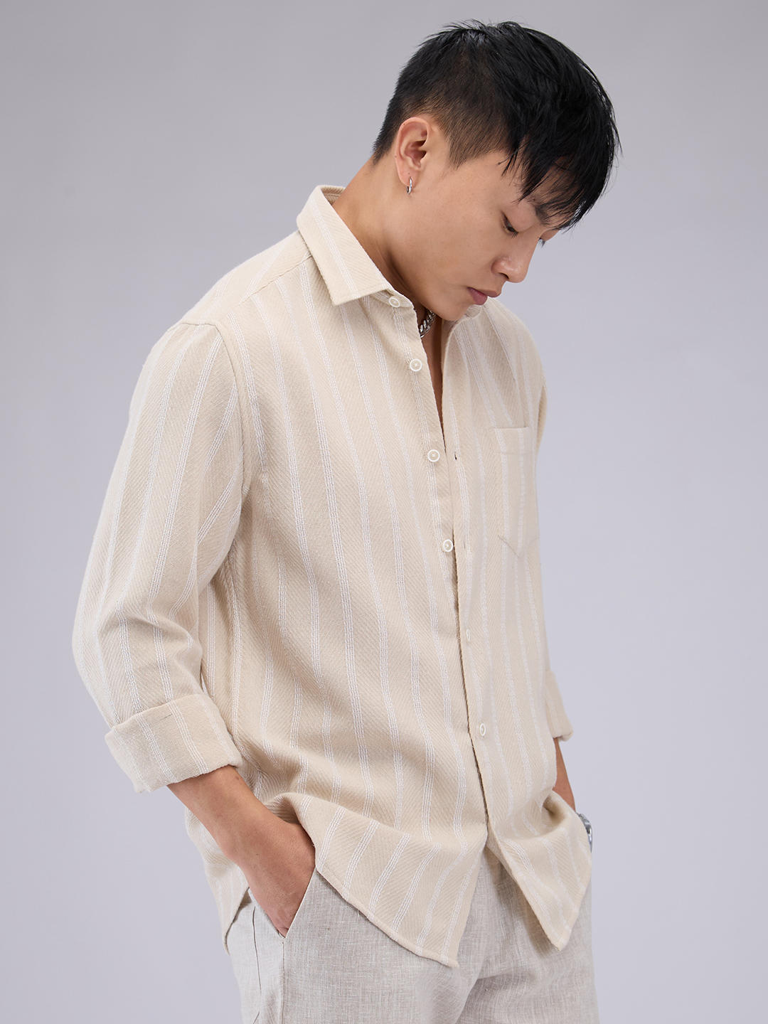Beige & White Dobby Striped Shirt