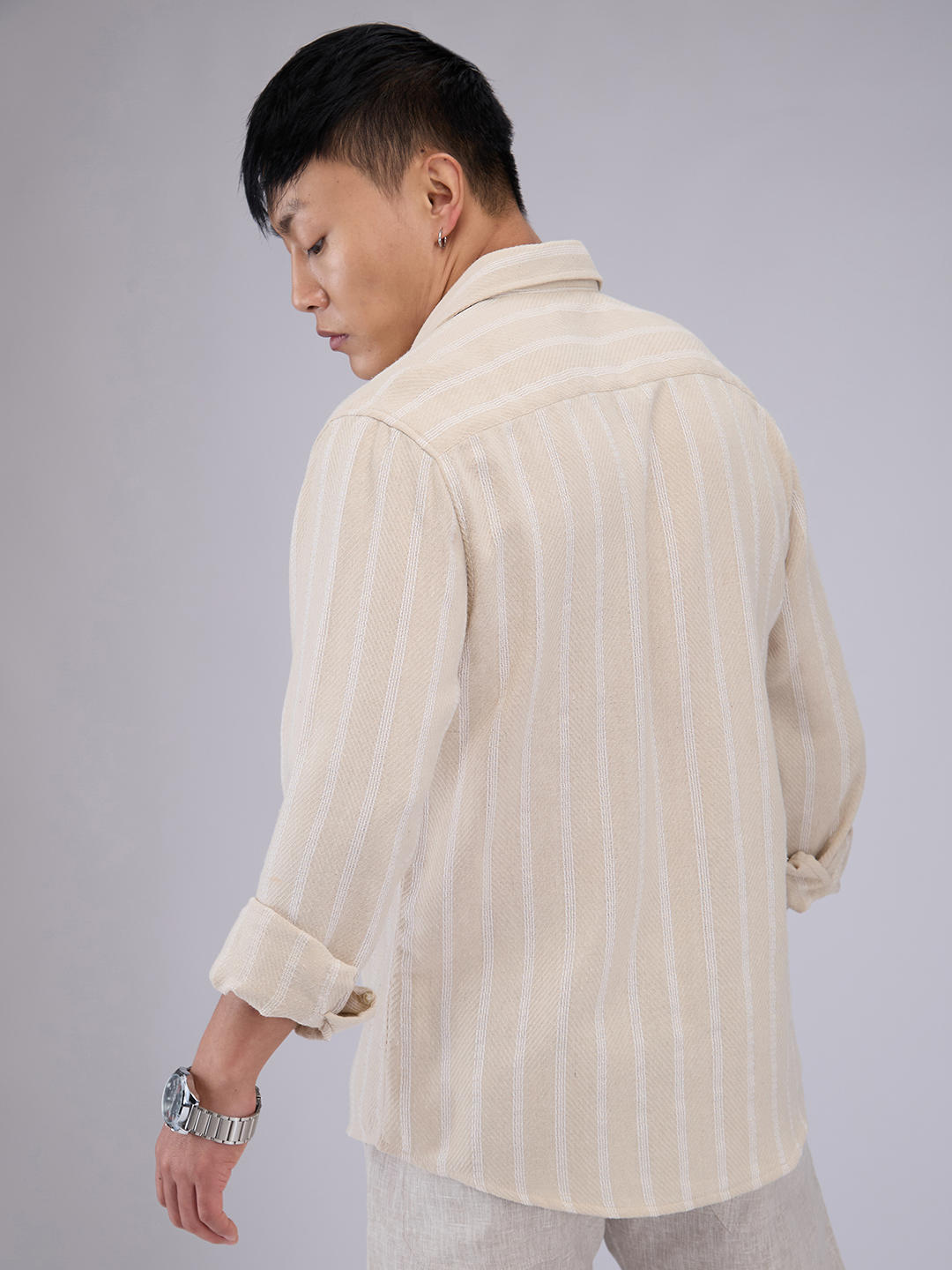 Beige & White Dobby Striped Shirt
