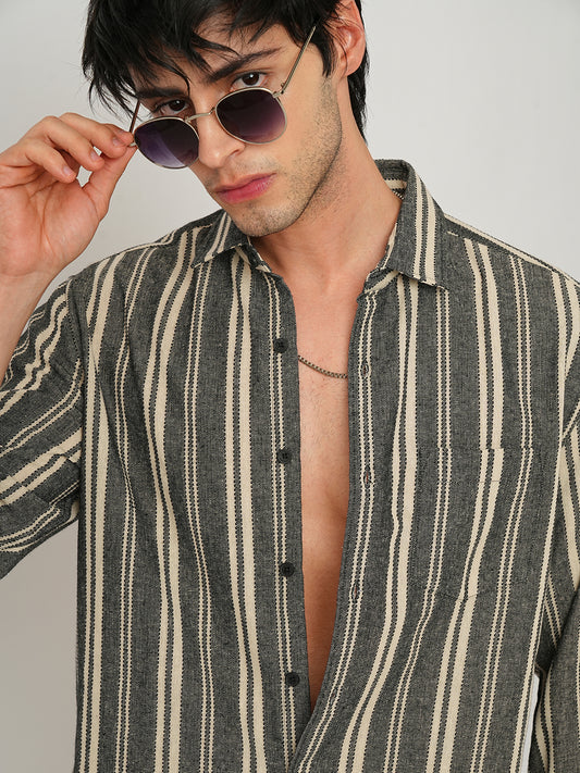 Black & Beige Vertical Striped Shirt