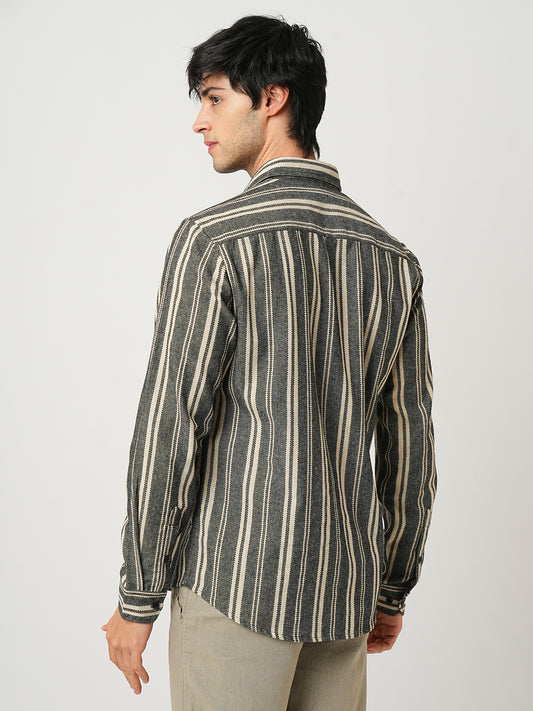 Black & Beige Vertical Striped Shirt