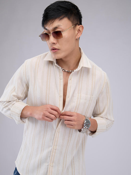 Classic Beige Dobby Striped Shirt