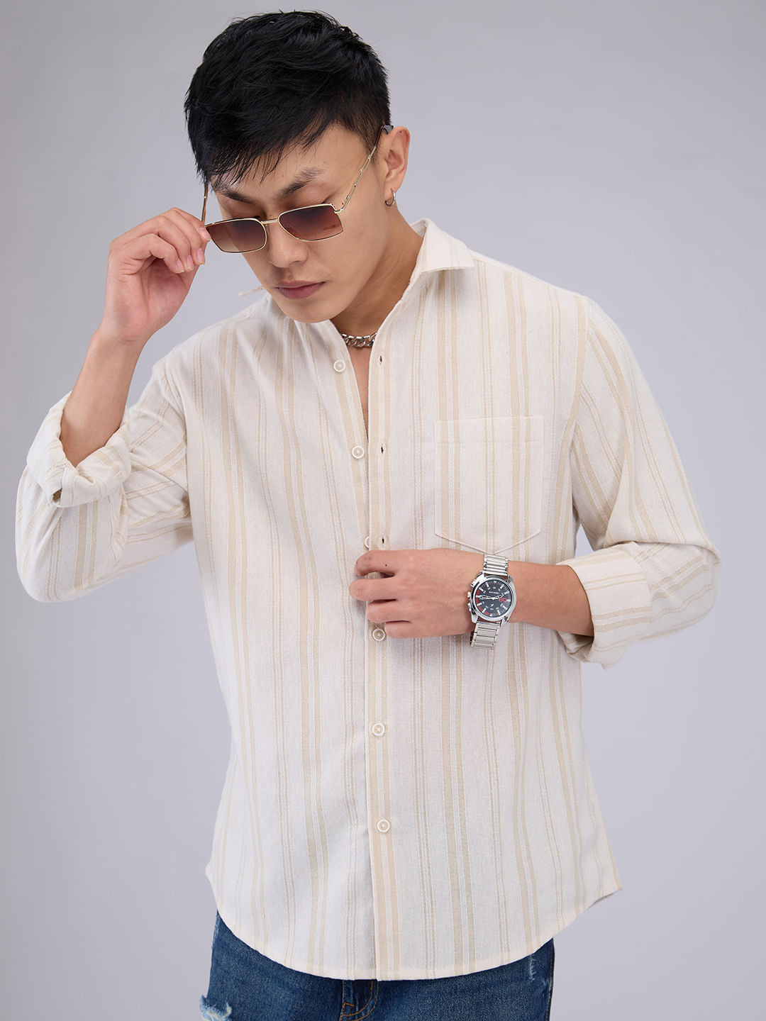 Classic Beige Dobby Striped Shirt