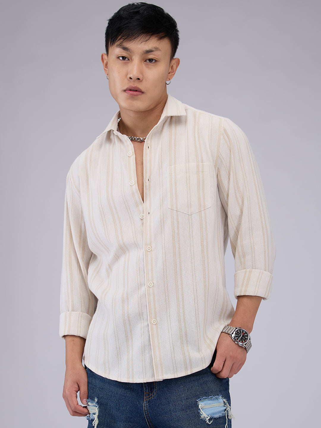Classic Beige Dobby Striped Shirt