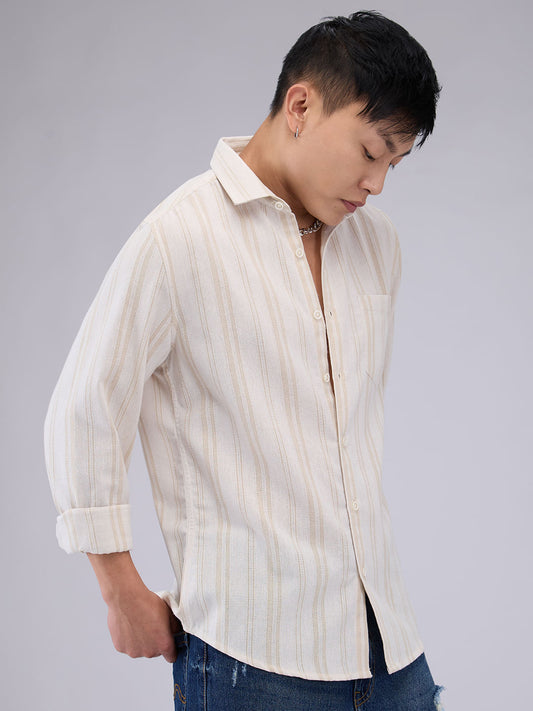 Classic Beige Dobby Striped Shirt