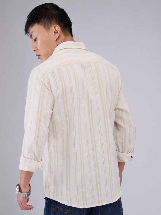 Classic Beige Dobby Striped Shirt