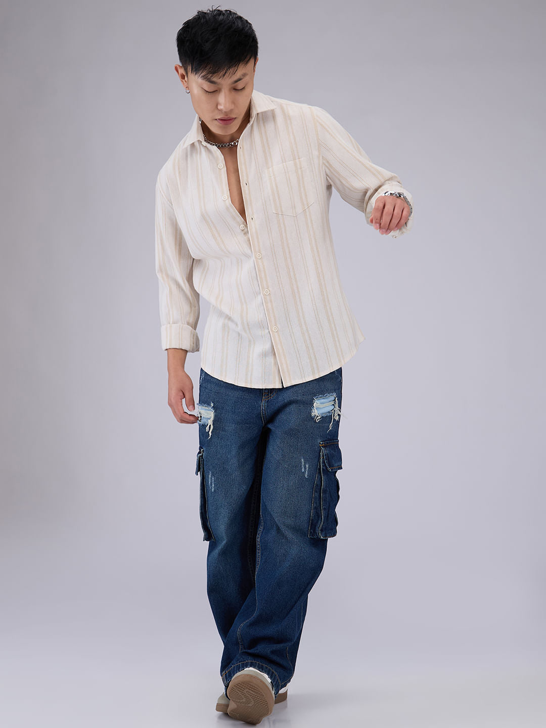 Classic Beige Dobby Striped Shirt