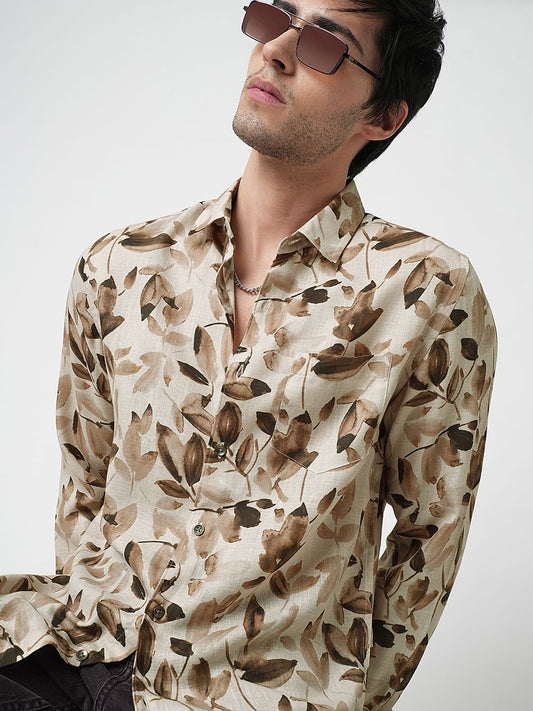Camel Beige Artistic Floral Printed Linen Shirt