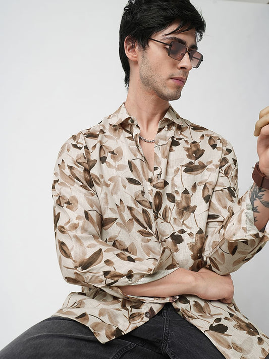 Camel Beige Artistic Floral Printed Linen Shirt