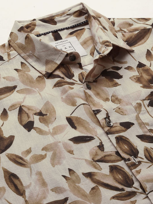Camel Beige Artistic Floral Printed Linen Shirt