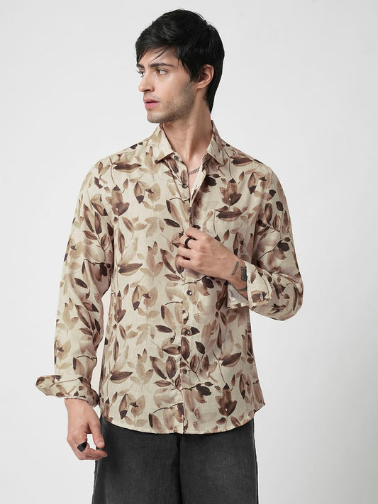 Camel Beige Artistic Floral Printed Linen Shirt