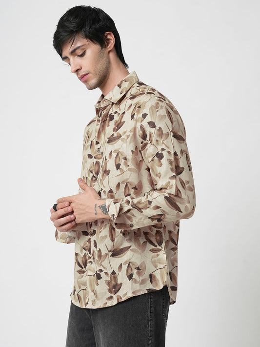 Camel Beige Artistic Floral Printed Linen Shirt