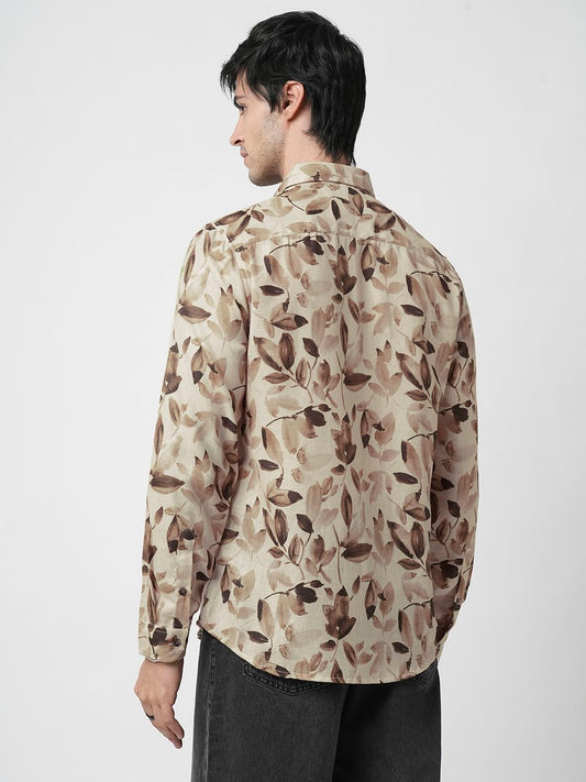 Camel Beige Artistic Floral Printed Linen Shirt