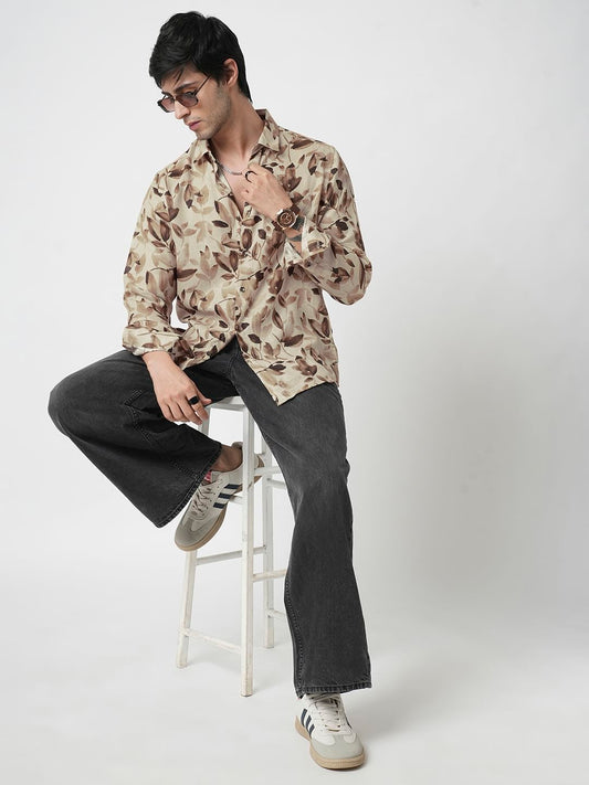 Camel Beige Artistic Floral Printed Linen Shirt