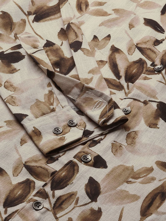 Camel Beige Artistic Floral Printed Linen Shirt