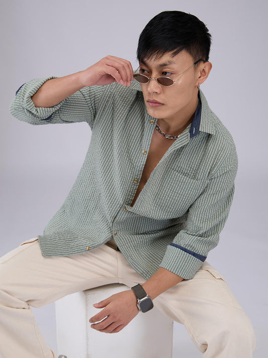 Olive Seersucker Striped Shirt