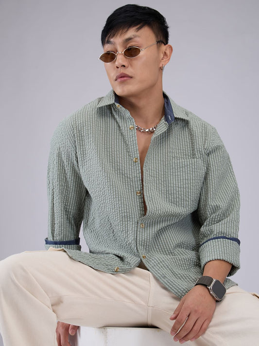 Olive Seersucker Striped Shirt