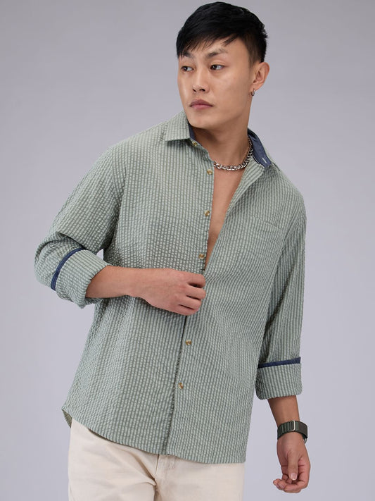 Olive Seersucker Striped Shirt