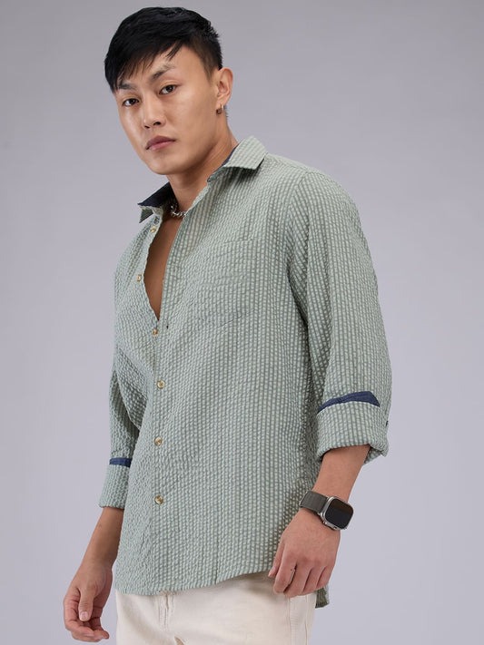 Olive Seersucker Striped Shirt