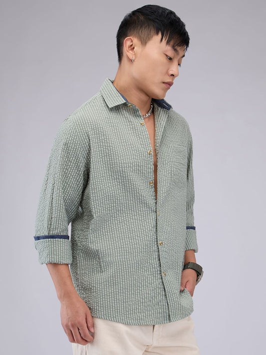 Olive Seersucker Striped Shirt