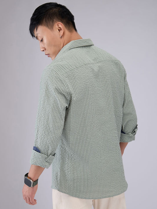 Olive Seersucker Striped Shirt