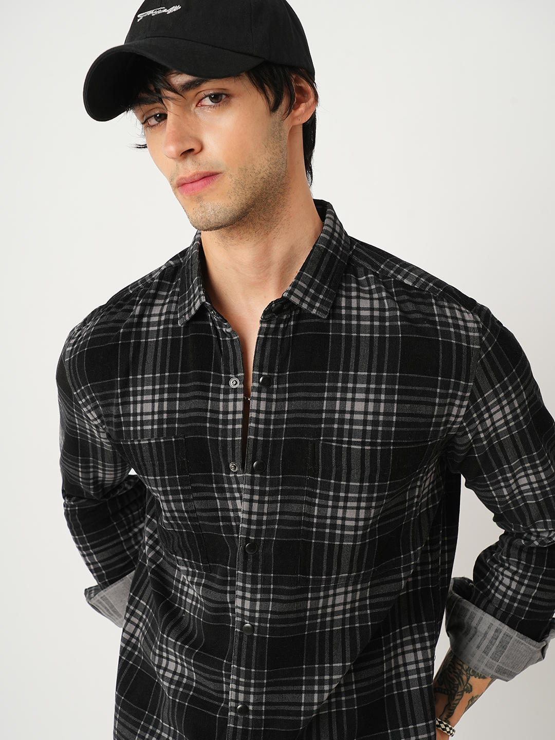 Black Plaid Checkered Double Pocket Corduroy Overshirt