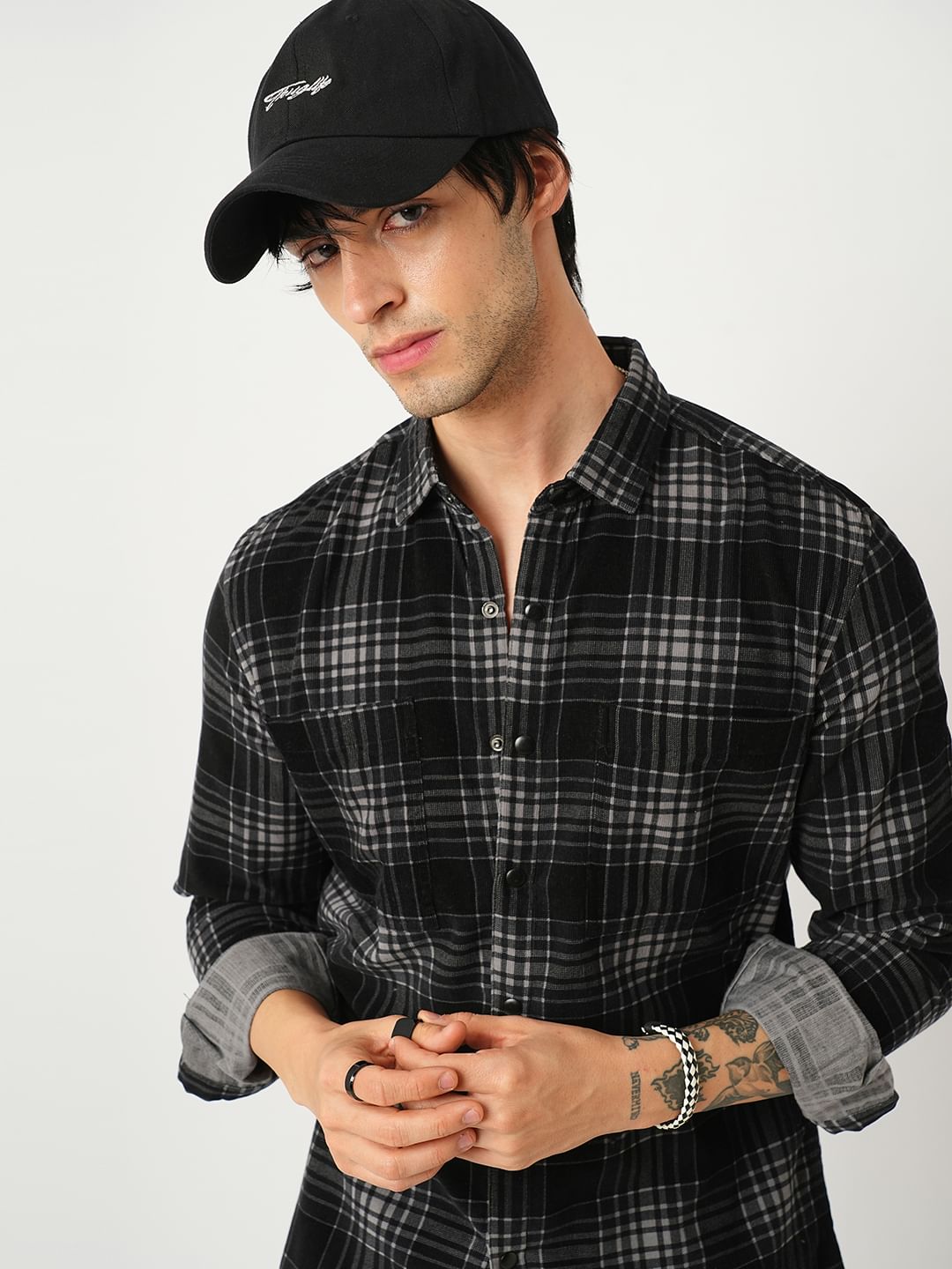 Black Plaid Checkered Double Pocket Corduroy Overshirt