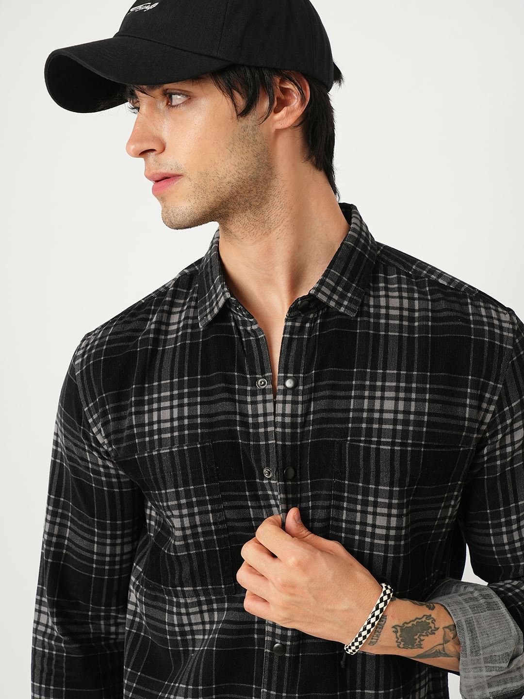 Black Plaid Checkered Double Pocket Corduroy Overshirt