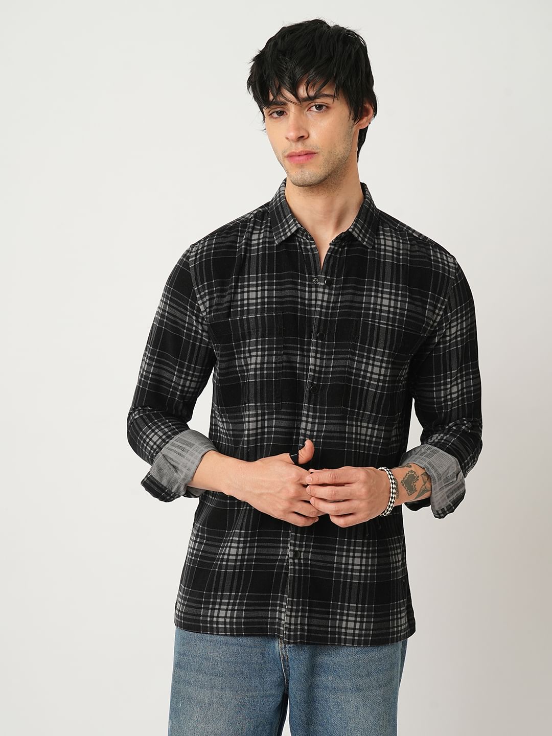 Black Plaid Checkered Double Pocket Corduroy Overshirt