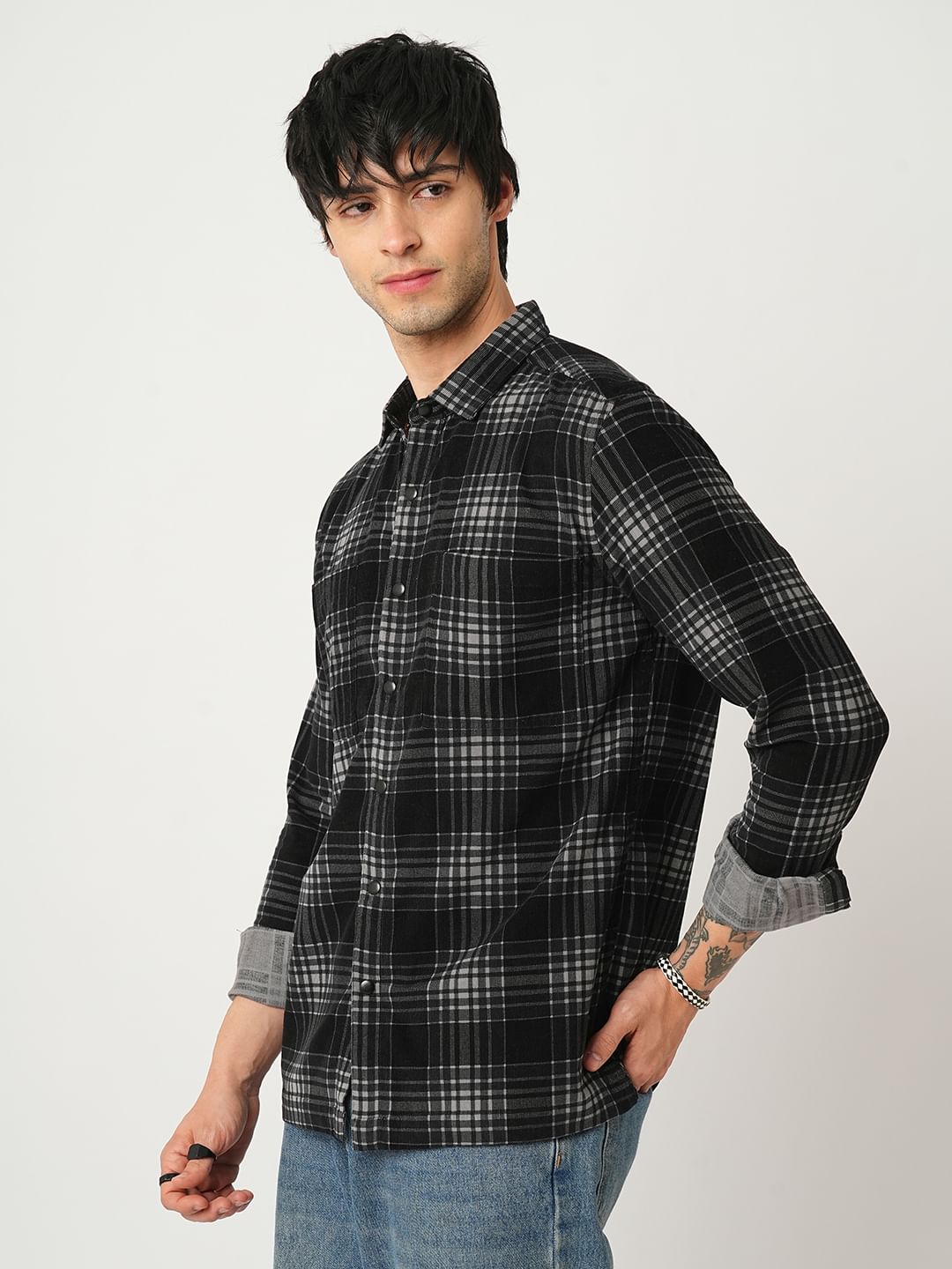 Black Plaid Checkered Double Pocket Corduroy Overshirt