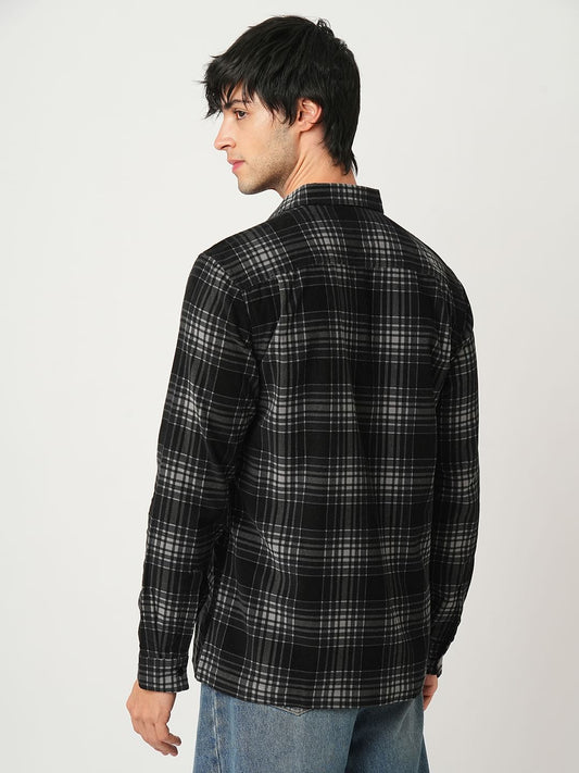 Black Plaid Checkered Double Pocket Corduroy Overshirt