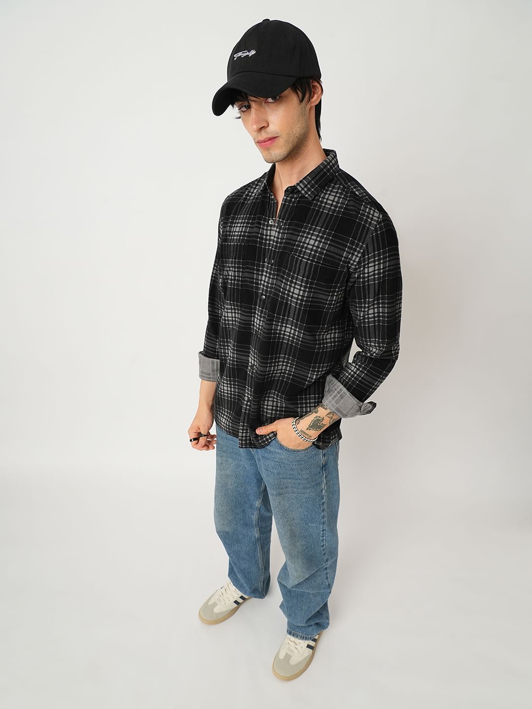 Black Plaid Checkered Double Pocket Corduroy Overshirt