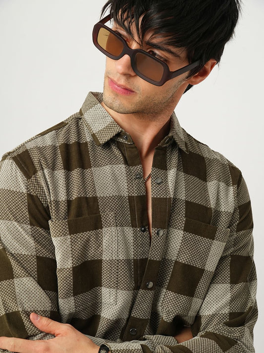 Dappled Brownish Green Double Pocket Corduroy Overshirt