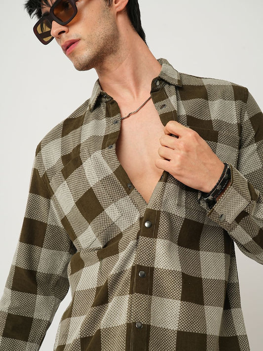 Dappled Brownish Green Double Pocket Corduroy Overshirt