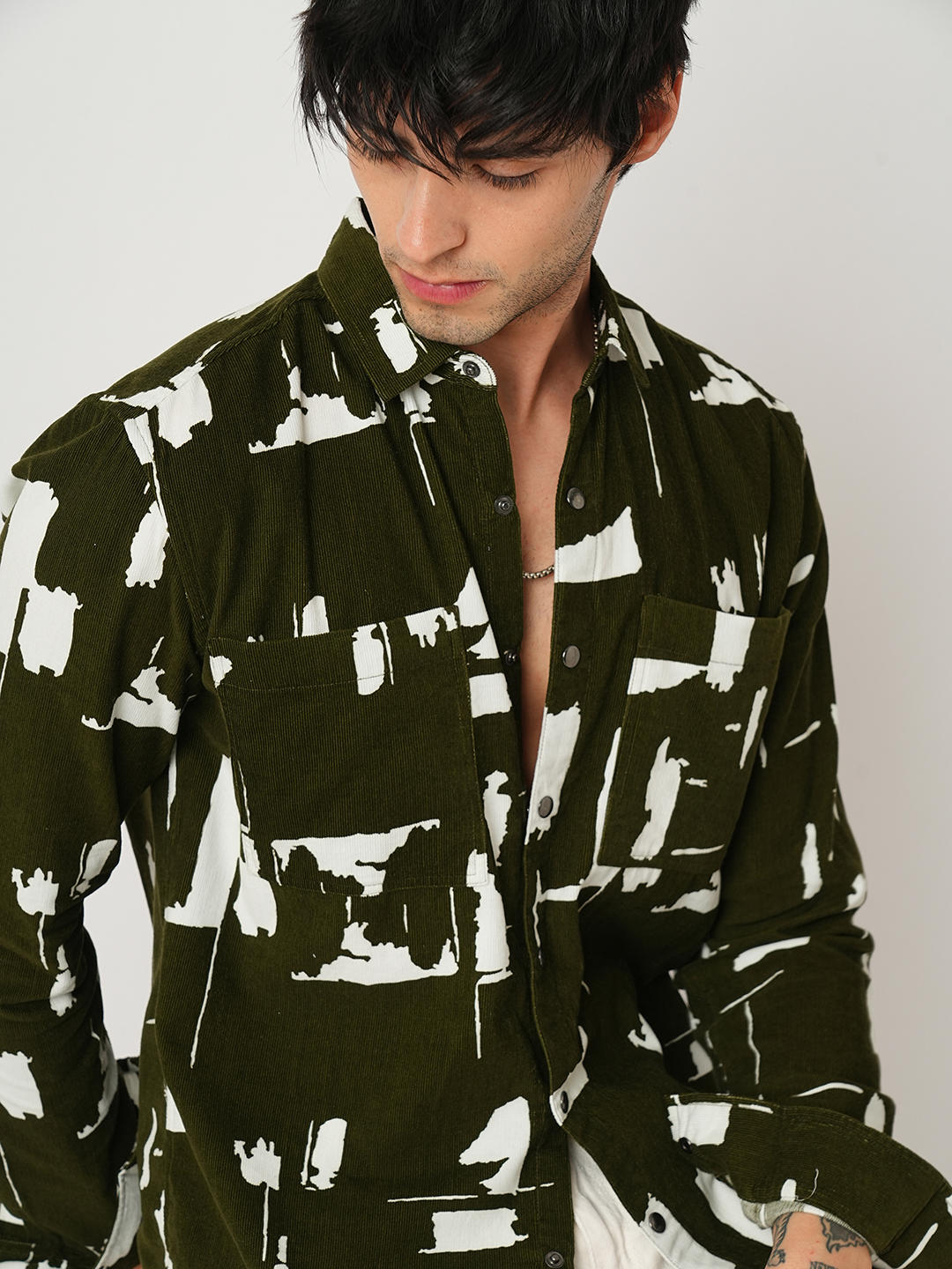 Olive Abstract Printed Double Pocket Corduroy Shirt
