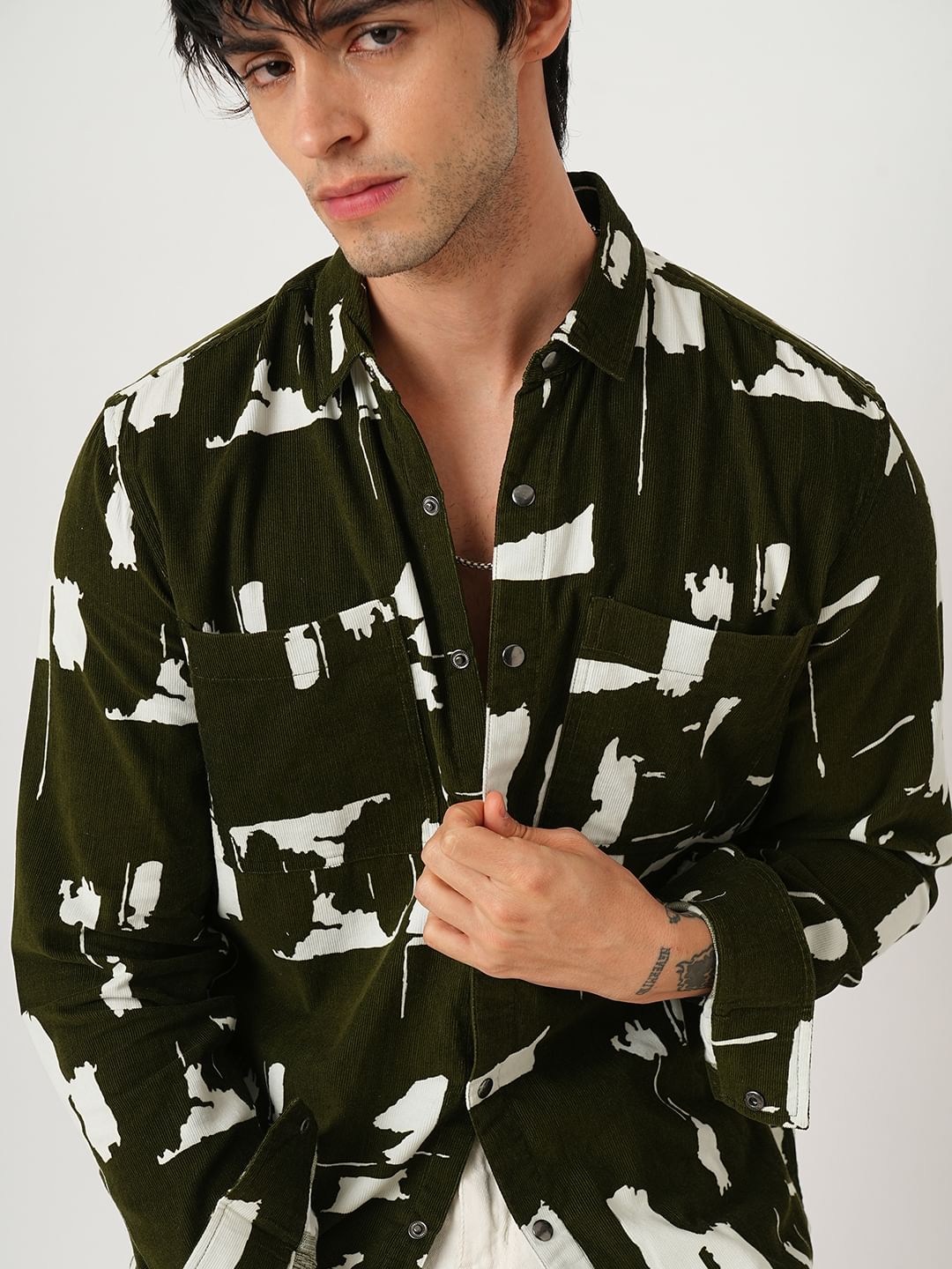 Olive Abstract Printed Double Pocket Corduroy Shirt