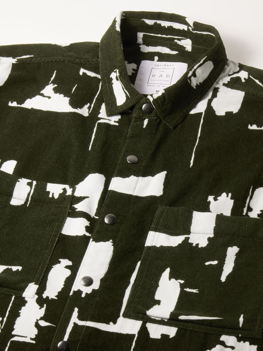 Olive Abstract Printed Double Pocket Corduroy Shirt