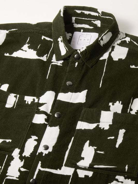 Olive Abstract Printed Double Pocket Corduroy Shirt