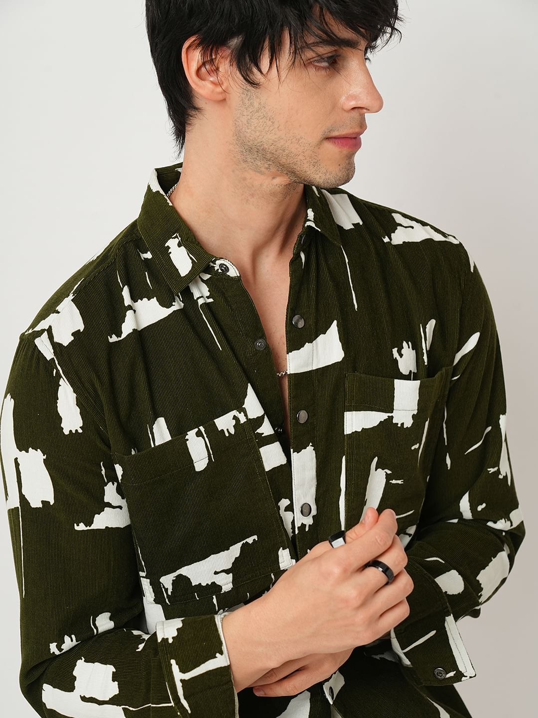 Olive Abstract Printed Double Pocket Corduroy Shirt