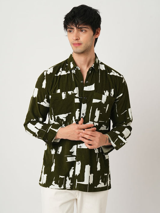 Olive Abstract Printed Double Pocket Corduroy Shirt
