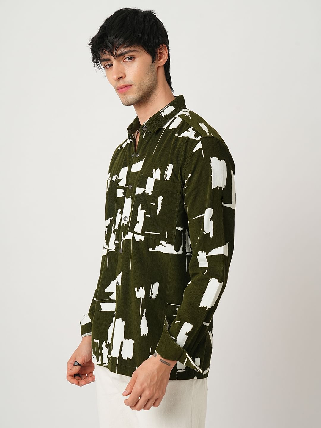 Olive Abstract Printed Double Pocket Corduroy Shirt