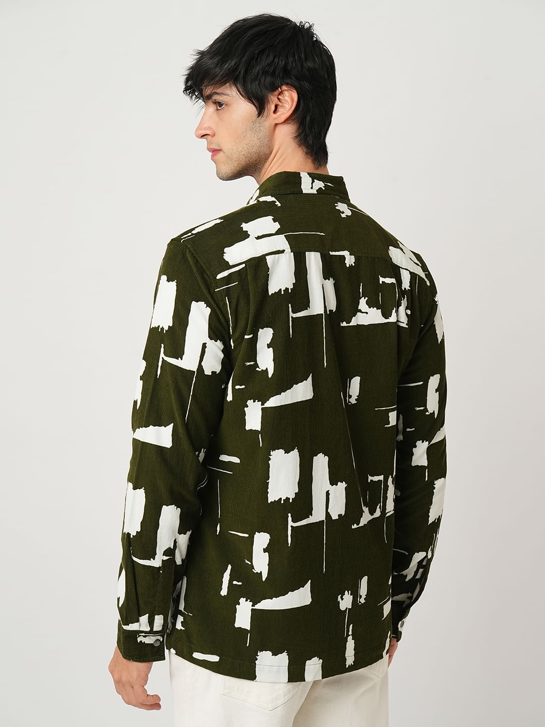 Olive Abstract Printed Double Pocket Corduroy Shirt