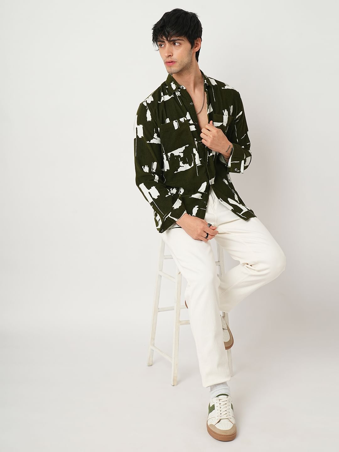 Olive Abstract Printed Double Pocket Corduroy Shirt