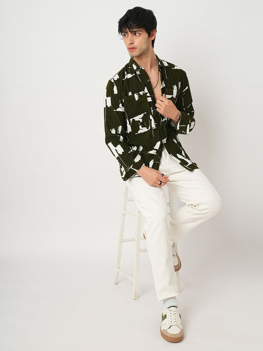 Olive Abstract Printed Double Pocket Corduroy Shirt