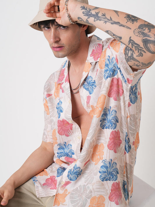 Sublime Artistic Floral Cream Oversized Shirt