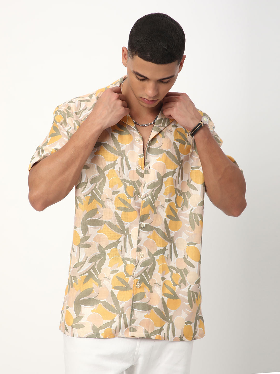 Multicolour Leafy Printed Notch Collar Oversized Shirt
