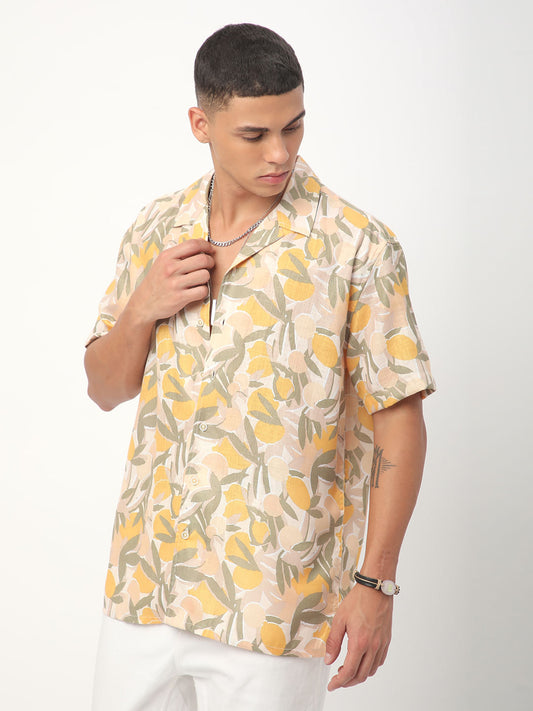 Multicolour Leafy Printed Notch Collar Oversized Shirt