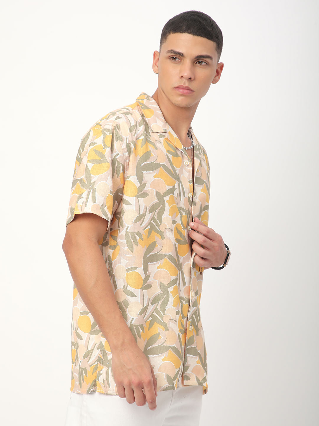 Multicolour Leafy Printed Notch Collar Oversized Shirt