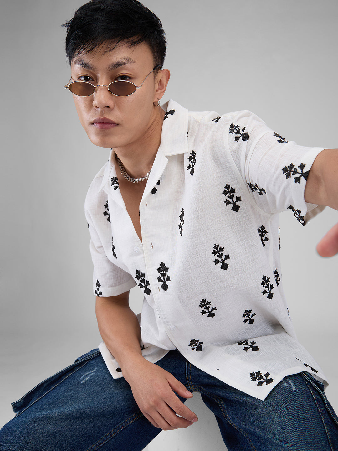White & Black Motifs Embroidered Notch Collar Oversized Shirt